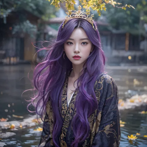 Genki Girl 32K（tmasterpiece，k hd，hyper HD，32K）Long flowing bright purple hair，Autumn Pond，zydink， a color， Asian people （Genki girl）， （Silk scarf）， Combat posture， looking at the ground， long whitr hair， Floating bright purple， Fire cloud pattern gold tiar...