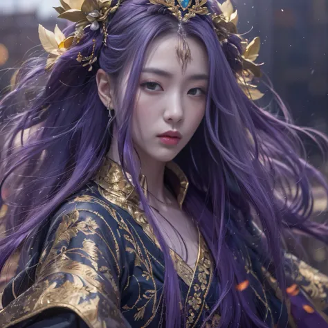 Genki Girl 32K（tmasterpiece，k hd，hyper HD，32K）Long flowing bright purple hair，Autumn Pond，zydink， a color， Asian people （Genki girl）， （Silk scarf）， Combat posture， looking at the ground， long whitr hair， Floating bright purple， Fire cloud pattern gold tiar...