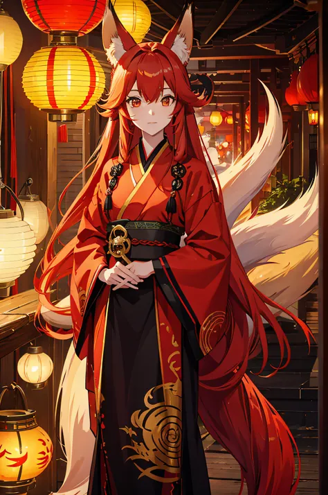 Red long-haired，Golden eyes，Fox ears，nine tail fox，fox demon，teens girl，Hanfu，period costume，lanterns