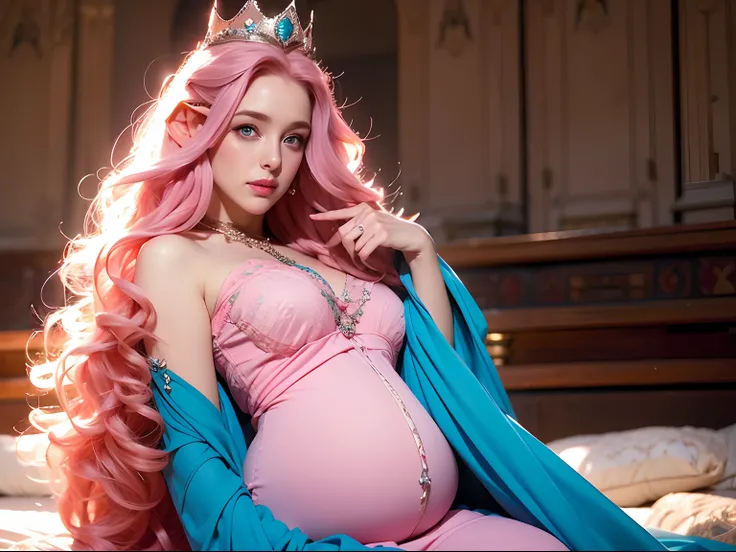 A woman, long curly hair, pink hair, blue eyes, elf, pregnant, sitting, crown, queen