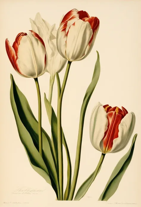 botanical illustration, types of tulips, white background, style of Pierre-Joseph Redoute