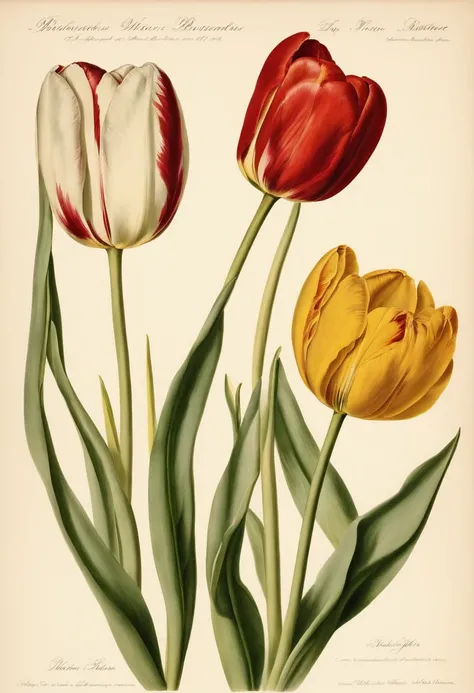 botanical illustration, types of tulips, white background, style of Pierre-Joseph Redoute