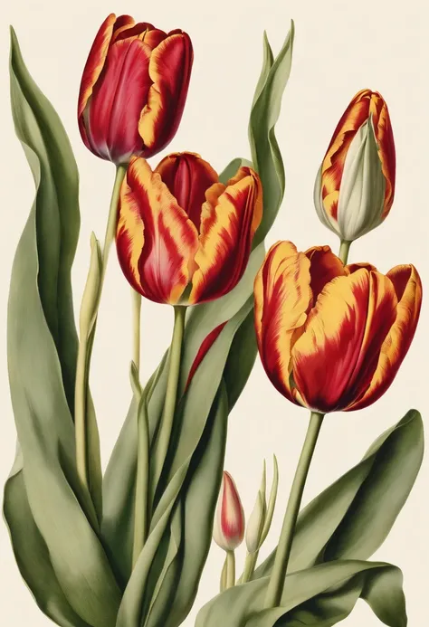 botanical illustration, types of tulips, white background, style of Pierre-Joseph Redoute