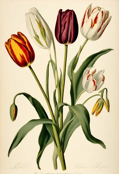 botanical illustration, types of tulips, white background, style of Pierre-Joseph Redoute