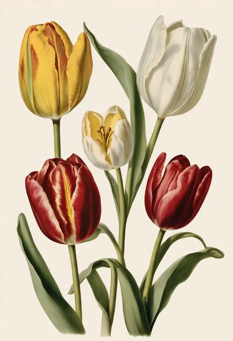 botanical illustration, types of tulips, white background, style of Pierre-Joseph Redoute