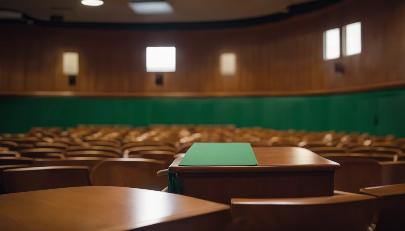 A view of the green board of an empty lecture hall on the front table of a wad of money