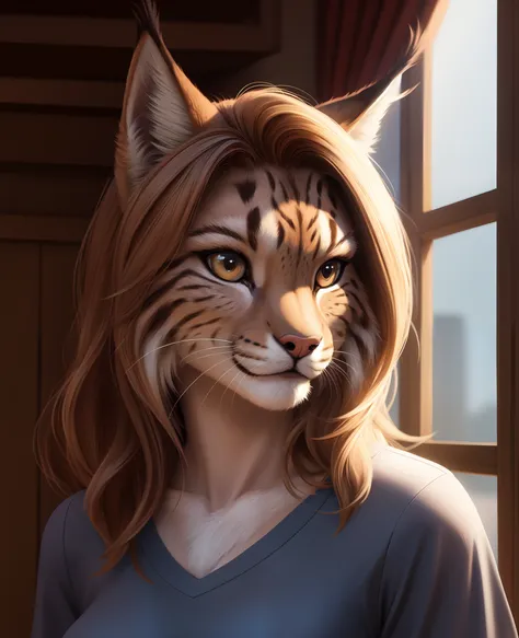 masterpiece, realistic, professional photo, female anthropomorphic lynx, shirt, detailed fur, (furry body:1.2), pretty face, det...