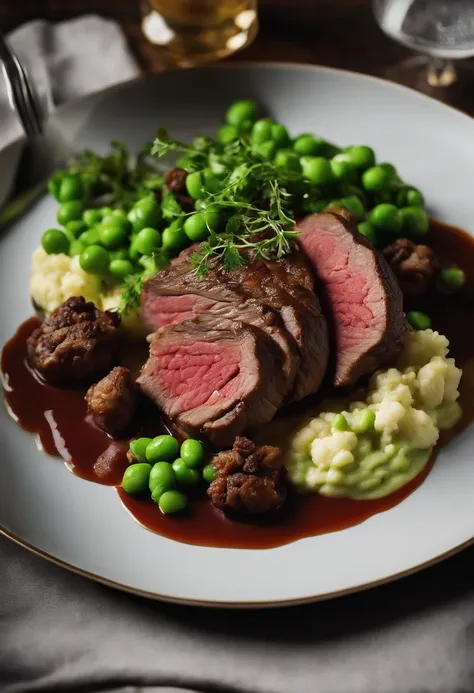 beef dish with peas and cauliflower puree