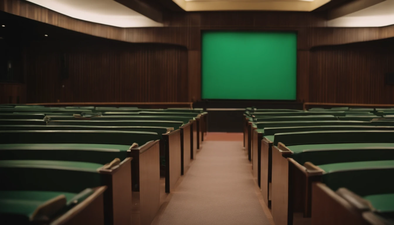 A view of the green board of an empty lecture hall on the front table of a wad of money