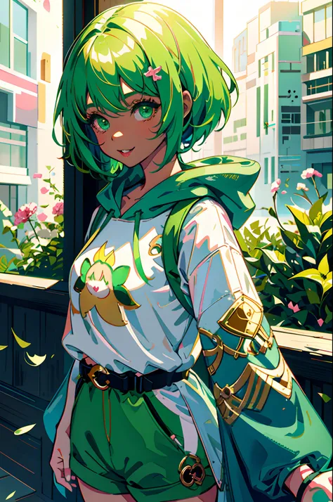 loli girl, green hair, selfie, masterpiece, highly detailed, best quality, sharp focus, soft lighting, limited palette, pastel colors, cutesy, ((kawaii)), dark skin, (banchan:1.3), smiling, solo, dark brown hoodie, blue shorts, green eyes, (green hair:0.6)...