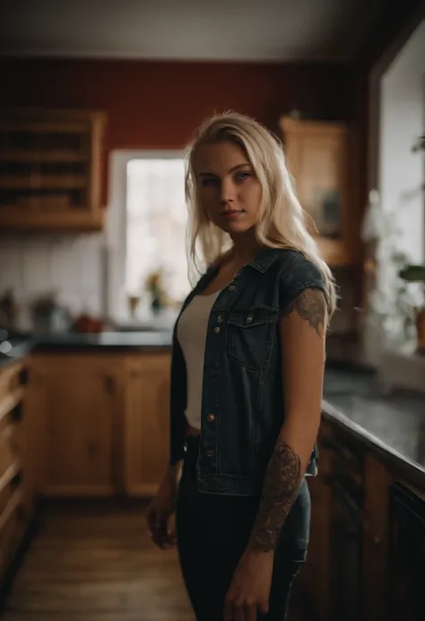 1girl, 18 years old, blond hair, from sweden, full body, close-up,  looking at viewer, standing, depth of field, tattoo, kitchen,