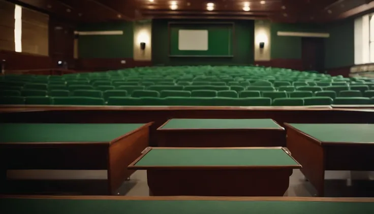 A view of the green board of an empty lecture hall on the front table of a wad of money