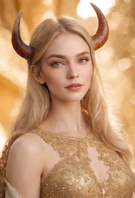 (best quality,4k,8k,highres,masterpiece:1.2),ultra-detailed,(realistic,photorealistic,photo-realistic:1.37), Taurus anthropomorphic Angel:1.7, (Ox horn:1.3), medium shot, glowing light eyes, golden hair, Golden crystal glass material, royal flash noble, sa...