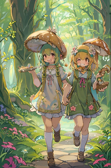 eyesight, (Three Lolitas: 2) Stable diffusion is the best image quality, morning sunlight, Spring landscape, Dew and flowers, flying hair, Live in a fairytale dreamland with mushrooms, Trip, Running, and laughing. forest pathway