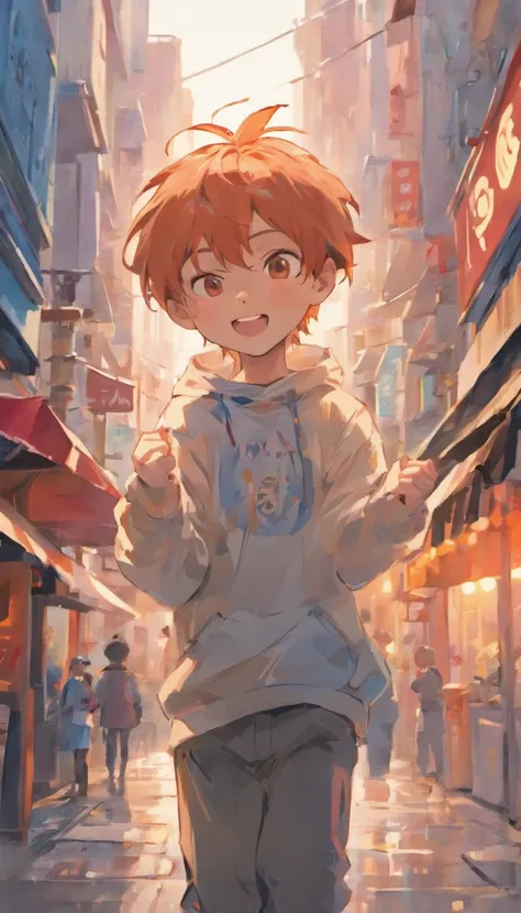 there is a cartoon picture of a boy laughing in the street, expressing joy. by krenz cushart, ross tran style, artwork in the style of guweiz, ross tran!!!, adorable digital painting, guweiz, inspired by Ross Tran, by Yanjun Cheng, [[[[grinning evily]]]]