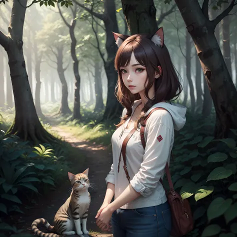 brunette color hair，cat ear，Real person 1:1，ln the forest，adolable