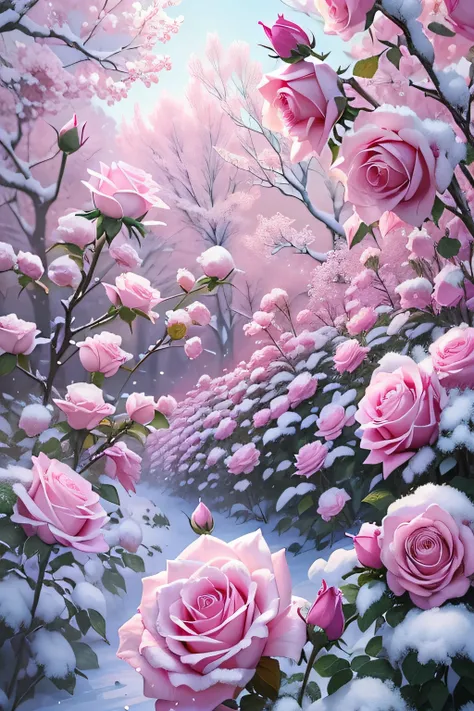 There are many pink roses covered in snow, Cheng Jiasuis realistic painting, Tumblr, romanticism lain, Really beautiful nature, Beautiful nature, with frozen flowers around her, very beautiful photograph of, Beautiful and aesthetic, beautiful flowers growi...