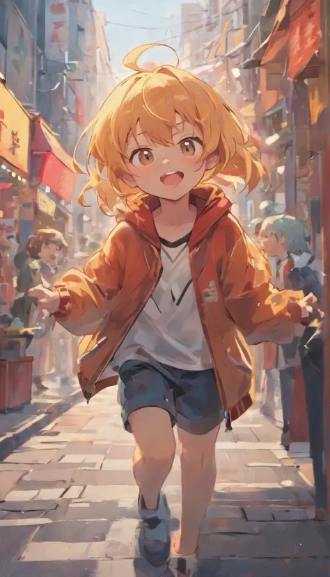 there is a cartoon picture of a boy laughing in the street, expressing joy. by krenz cushart, ross tran style, artwork in the style of guweiz, ross tran!!!, adorable digital painting, guweiz, inspired by Ross Tran, by Yanjun Cheng, [[[[grinning evily]]]]