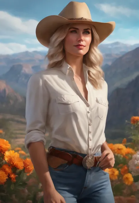 (realistic,painting_style,) mature, amelia watson, virtual youtuber, short hair, blonde, choker, masterpiece, best quality, cowboy_shot, standing, realistic eyes, head tilt, smug, looking_at_viewer, mountain, holding_flowers