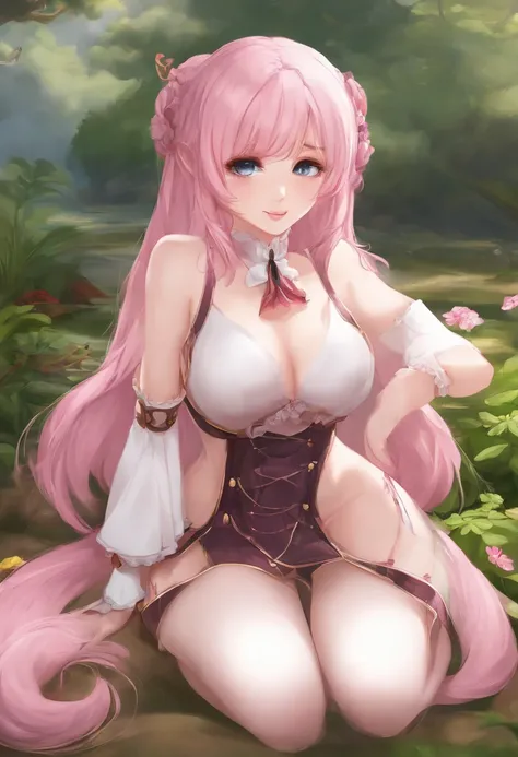 A pink-haired，Lori huge breasts cleavage，chiquita，Fox Maiden，White silk pantyhose，Pink pupils，Tajiro legs，ssmile，Overlooking，Hold your face with one hand，tentaculata