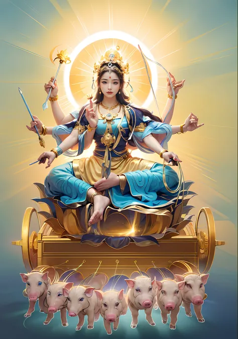 Beautiful woman sitting in a golden car, (((Golden lotus throne)))，The woman wears a light blue dress，Light blue pants，(((Head background with round light)))，(((Behind it is the sun)))，(((Women emit bright and dazzling blue light)))，Women have three heads，...