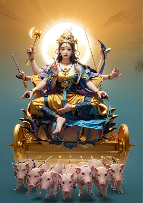 Beautiful woman sitting in a golden car, (((Golden lotus throne)))，The woman wears a light blue dress，Light blue pants，(((Head background with round light)))，(((Behind it is the sun)))，(((Women emit bright and dazzling blue light)))，Women have three heads，...