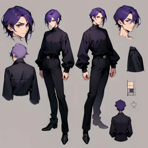 character design sheet, full body of a tall man with short dark purple hair, black sweater, black pants and blue eyes, thoughtful expression, tall, masculine, mature, in his 20s, well toned body, minimalistic design, character concept