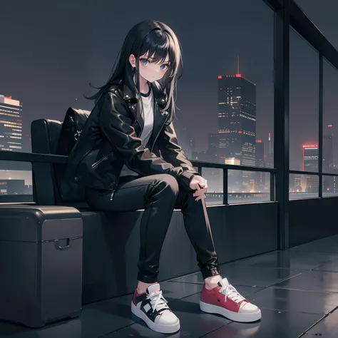 Cute anmie girl, lose trousers , leather jacket, sneakers, black hair, attitude, alone, sad, using mobile, city scene, dark night, cute girl, trousers, silent mood, concentration on moblie, sit on chair in dark room with decent manner