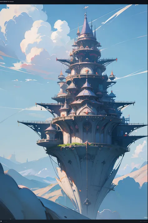 Sinister futuristic floating island suspended in the air, cities, fantasy, (villain hideout), (kawaii), cute, cute, anime style, technological, dark, funny, magical plant growth, extreme details, realistic light, blue sky, epic composition, (complex detail...