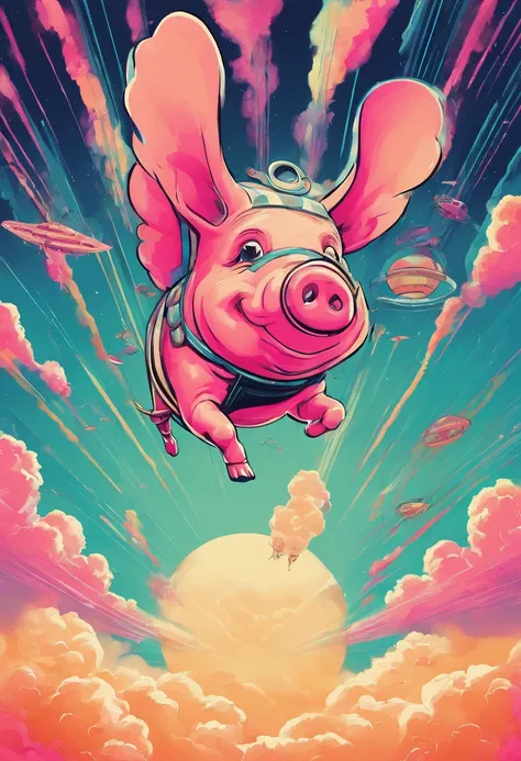 A pig flies in the sky,pigs ,​​clouds,Brilliant colors,Colorful,Wings,Young and energetic,Flying ham,Flying pigs ,Look up,Master composition,