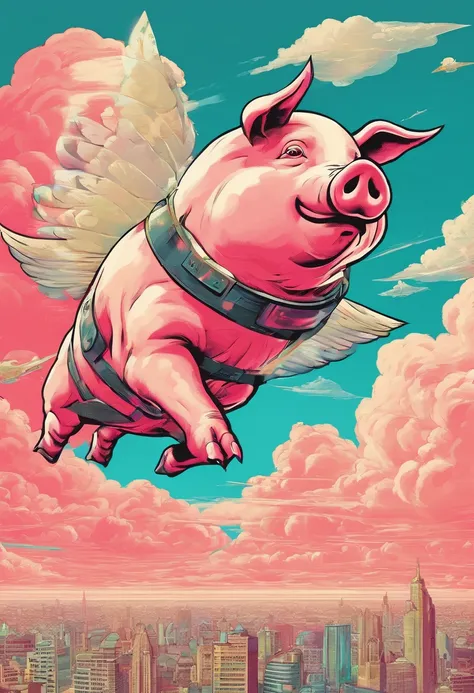 A pig flies in the sky,pigs ,​​clouds,Brilliant colors,Colorful,Wings,Young and energetic,Flying ham,Flying pigs ,Look up,Master composition,