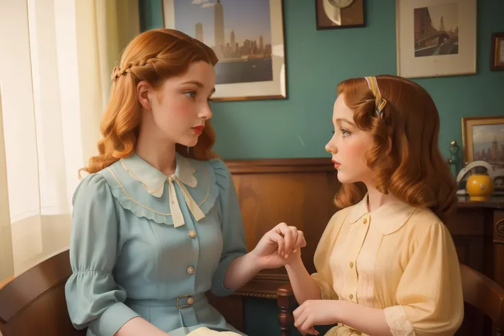 Year: 1946. Location: New York. pre-raphaelite frenchwoman with honey hair, and her 8-year-old daughter, ((nostalgia)), ecclectic city appartment, ((1940s colorful modern summer clothes)) ((1940s hairstyle)) ((in the style of "OMITB")) ((cinematic style))