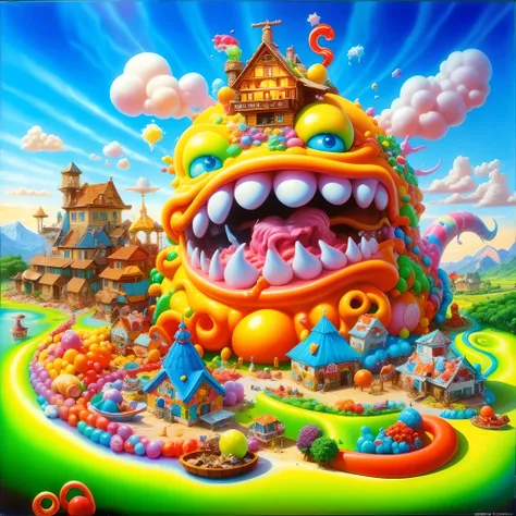 Todd Schorr Art of a Multicolored Gelatin Monster, made of Ice cream, Gum drops, candy, sprinkles, Attacking a Village