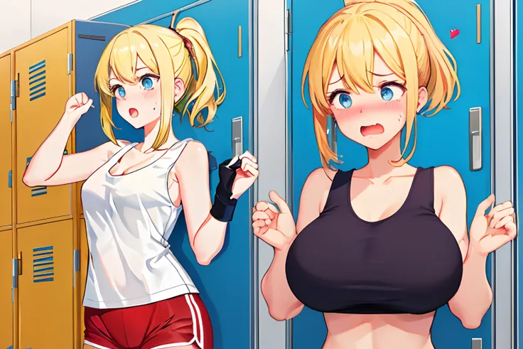 best quality, detailed face, detailed eyes, 1girl, solo, multiple views of the same character, horizontal panels BREAK, (locker room), (side ponytails:1.2), (blonde hair:1.5), (blue eyes:1.2), medium hair, looking down, hand on breast,small breasts, (huge ...