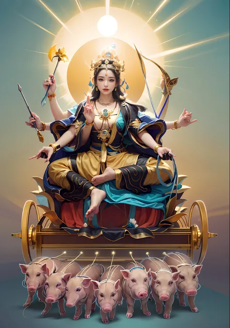 Beautiful woman sitting in a golden car, (((Golden lotus throne)))，The woman wears a light blue dress，Light blue pants，(((Head background with round light)))，(((Behind it is the sun)))，(((Women emit bright and dazzling blue light)))，Women have three heads，...