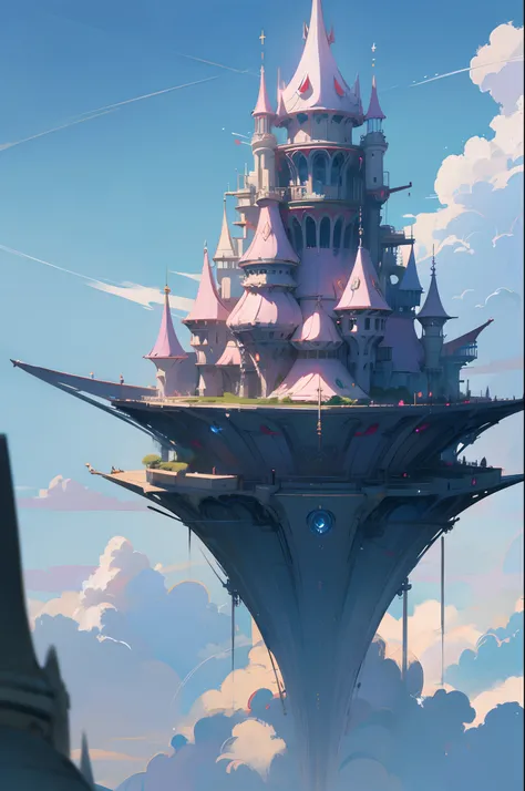 Sinister futuristic floating island suspended in the air, cities, fantasy, (villain hideout), (kawaii), cute, cute, anime style, technological, dark, funny, magical plant growth, extreme details, realistic light, blue sky, epic composition, (complex detail...