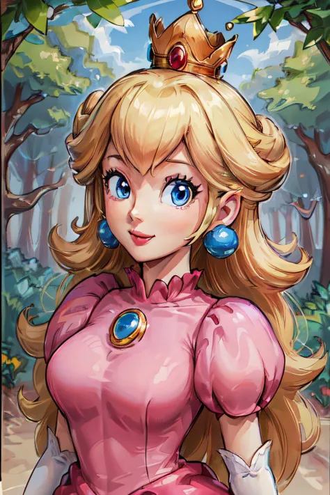 ((high detailed, best quality, 4k, masterpiece, hd:1.3)), pch, pink dress, chest fully covered, brooch, puffy sleeves, short sleeves, smile, lipstick, smooth skin, elbow gloves, earrings, crown, in mushroom forest, upper body, close-up,