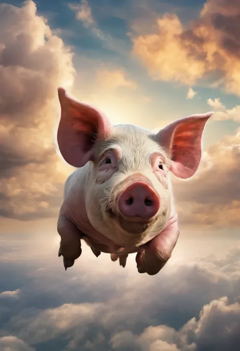 A pig flies in the sky,pigs ,​​clouds,Brilliant colors,Colorful,Wings,Young and energetic,Flying ham,Flying pigs ,Look up,Master composition