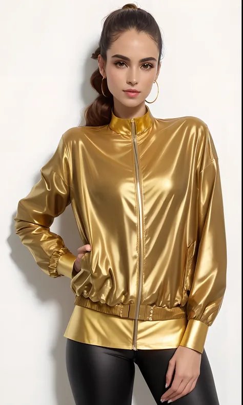 a woman in a gold jacket and black pants posing for a photo, roupas douradas, accented in bright metallic gold, ouro vibrante, mas sombrio, Gold-Trim, jaqueta esportiva, suit jacket, corpo de ouro, encapuzado, ouro brilhante, Reflective metal, Metal Reflet...