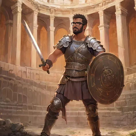 David, male, short beard, glasses, brown skin, wearing gladiator armor, leather armor, fighting stance, holding a short sword, in a colosseum,