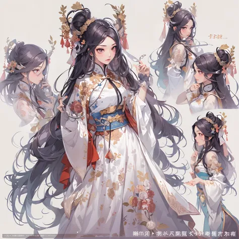 ((Masterpiece, Highest quality)), Detailed face, CharacterDesignSheet， full bodyesbian, Full of details, Multiple poses and expressions, Highly detailed, Depth, Many parts，white backgrounid，Beautiful Chinese girl，National style，estilo fantasia，Extremely be...