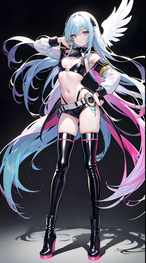 Full body like，Solo，ssmile，Long colorful fluorescent hair，idol clothes，angelicales，German military uniform，Latex boots，latex glove，White skin，Expose the armpits，exposing your navel，Colored eyes and nails，Crossed waist with one hand，stand posture，Blank back...