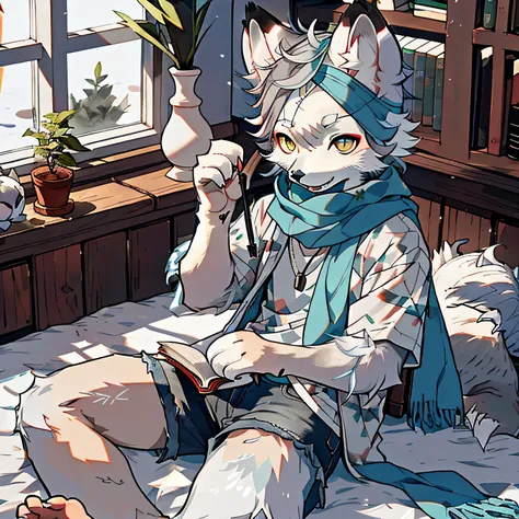 High detail,hyper qualit,high resolution,1080p,独奏,Furry,(Male arctic fox:1.5),(Gray fur:1.3),White skin,Pure white ears,Pure blue pupils,(Fluffy tail:1.2),Shirtless，Wearing a blue scarf，Wear black loose shorts，Barefoot，Sit on the edge of the bed and read a...