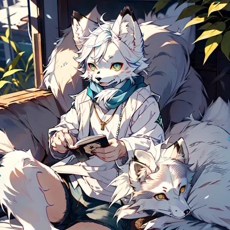 High detail,hyper qualit,high resolution,1080p,独奏,Furry,(Male arctic fox:1.5),(White fur:1.3),White skin,Pure white ears,l Blue eyes,(Fluffy tail:1.2),Shirtless，Wearing a blue scarf，Wear black loose shorts，Barefoot，Sit on the edge of the bed and read a boo...