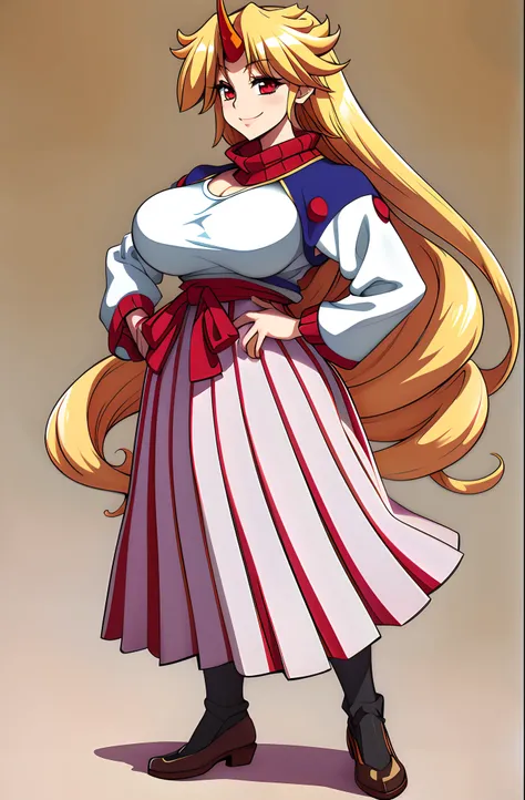 hoshiguma yuugi, big breast, large skirt, traditional german clothing, bloon hair, red eyes, single horn,oni, closed pullover,long skirt,full body, standing, smile