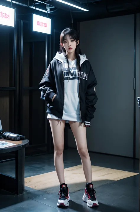 there is a woman that is standing in a room with a bird cage, iu lee ji-eun as a super villain, sun yunjoo, korean girl, girl wearing hoodie, heonhwa choe, wearing cyberpunk 2 0 7 7 jacket, cute girl wearing tank suit, cyberpunk anime girl in hoodie, bae s...