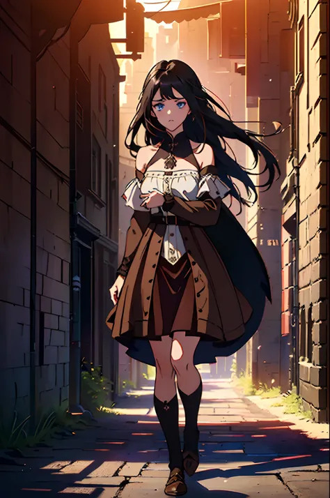 village girl, medieval era, long black hair, dark blue eyes, 18 years old, cute face, medium breasts, brown skirt, white blouse, exposed shoulders, beautiful, tall body, (((A young girl lost in an alley way))), (((scared, confused))), (((alley way, dark ro...