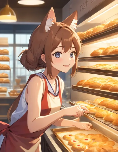 ((Cats ears)),((Baseball hat)),((Sleeveless Baseball Uniforms)),A talented baker who meticulously forms the best dough for flaky pastries. The image is、Shows a well-equipped bakery with stainless steel countertops and a set of baking tools. Baker, Young ma...