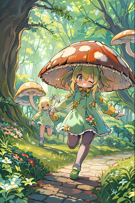 eyesight, (Three Lolitas: 2) Stable diffusion is the best image quality, morning sunlight, Spring landscape, Dew and flowers, flying hair, Live in a fairytale dreamland with mushrooms, Trip, Running, and laughing. forest pathway