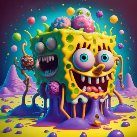 Goosebumps Art of Isometric Sponge Bob Square Pants Monster on Acid, Dripping slime, Fingers, Brain, Limbs, Eyeballs, Colorful Candy Wrappers, Bones, by Todd Schorr, Aleksi Briclot, T-Shirt Design, Black Background, cinematic, painting, dark fantasy